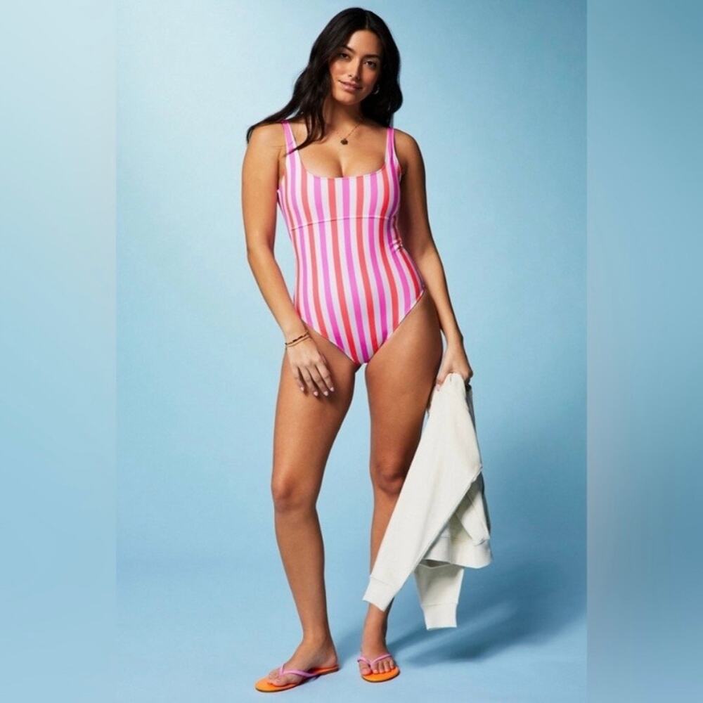Fabletics White&Pink Stripe Neon Candy Sunset Scoop One Piece Swimsuit Sz.XL